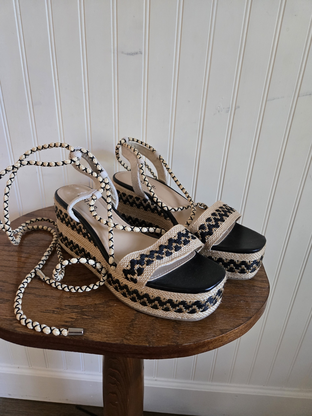 Just Fab Woven Espadrille Platform Lace Up Sandals - Black and Natural
